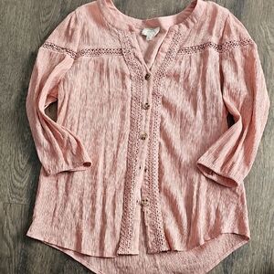 Blu Pepper Perch Blush Button-Down Blouse 1xl Bohemian Lace Shirt 3/4 Sleeve
